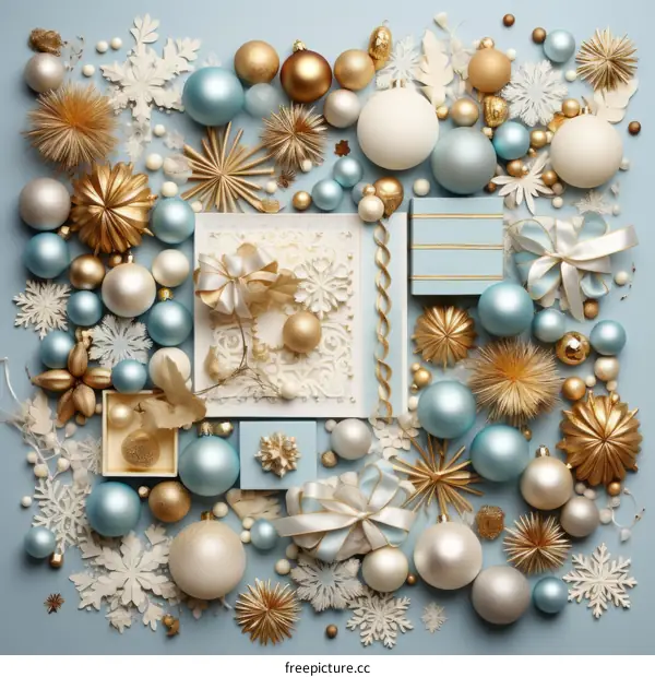 Christmas ornaments in pastel blue, gold, and white