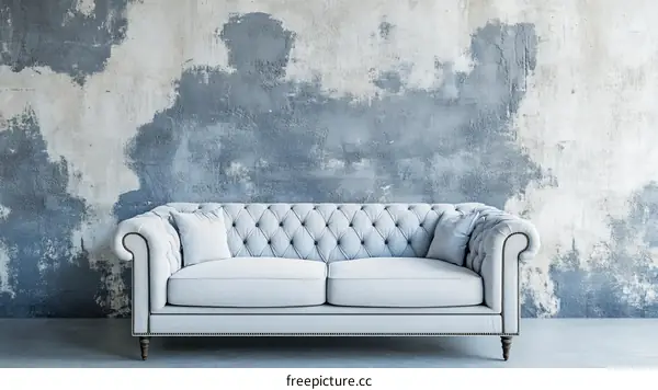Vintage Light Gray Sofa Against a Distressed Concrete Wall