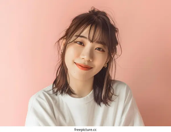 Smiling Asian Woman Wearing White T Shirt Against Pink Background