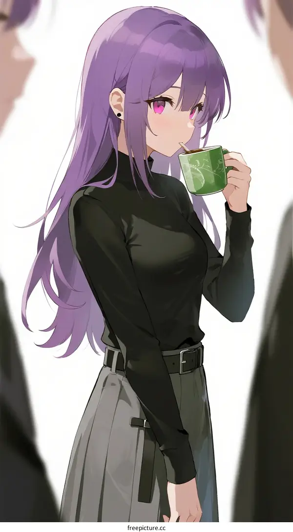 Purple Haired Girl in Black Top Holding Green Cup