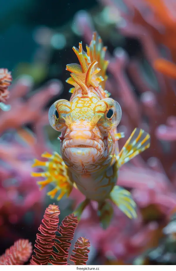 A Blenny Fish with Vibrant Yellow Eyes and Fins