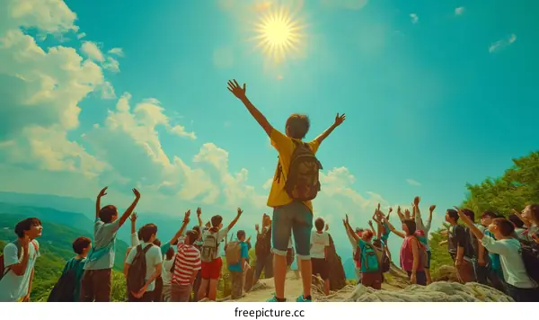 A group of people with raised arms are standing on a mountaintop and looking at the sun.