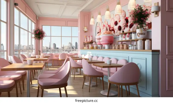 pink and blue pastel color scheme cafe interior design