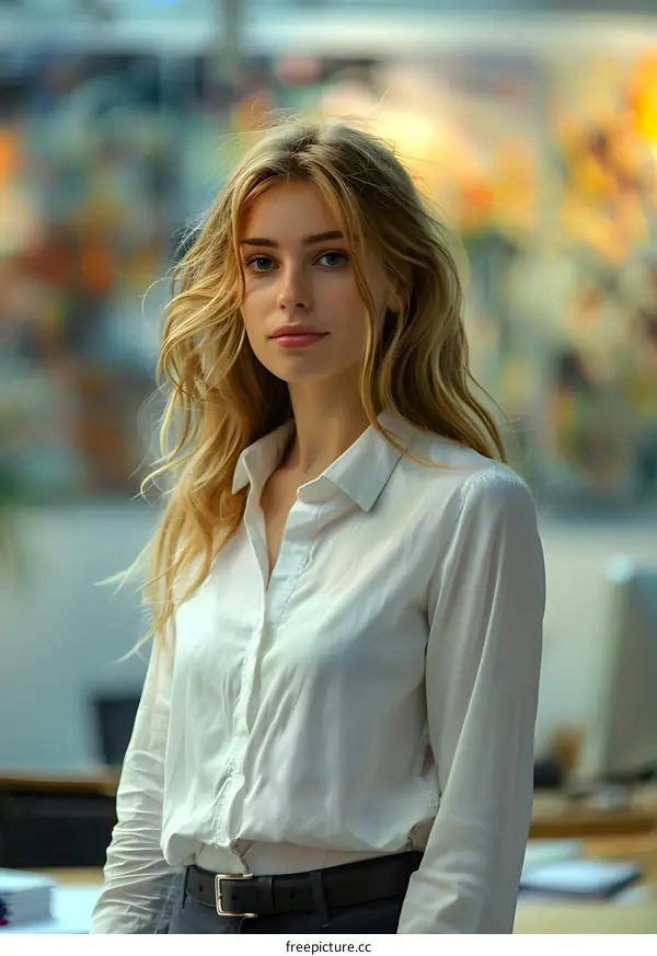 Portrait of a Beautiful Woman with Blonde Hair Wearing a White Shirt