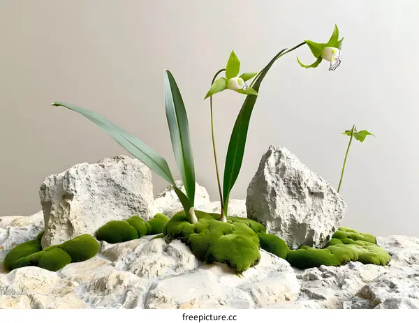 White Orchid Growing On A Bed Of Moss And Stones