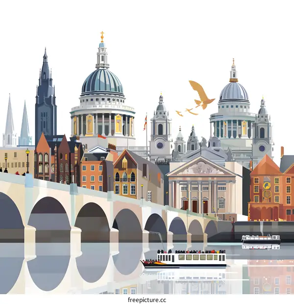 London Cityscape Illustration with a River, Bridge and Boat