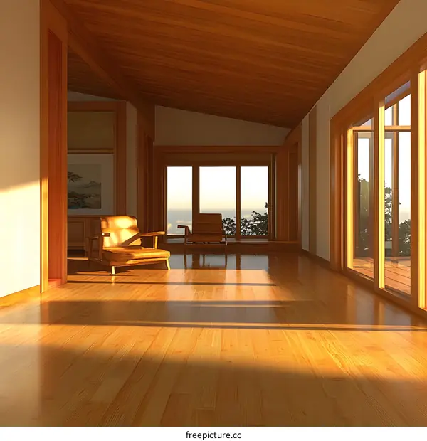 Minimalist Living Room Interior Design with Wooden Floor and Large Windows