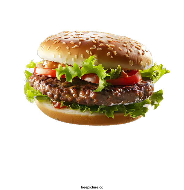 [Transparent Background PNG]A delicious-looking burger with lettuce, tomato, and cheese.