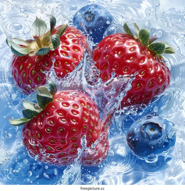 Blueberries and strawberries in water