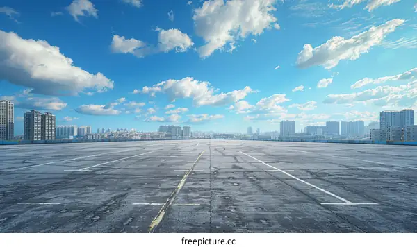 Empty Parking Lot with Cityscape Background