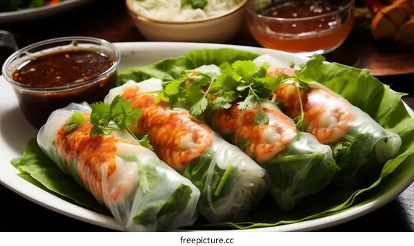 Delectable Vietnamese Spring Rolls with Shrimp, Rice Vermicelli, Lettuce, and Herbs in a Savory Dipping Sauce