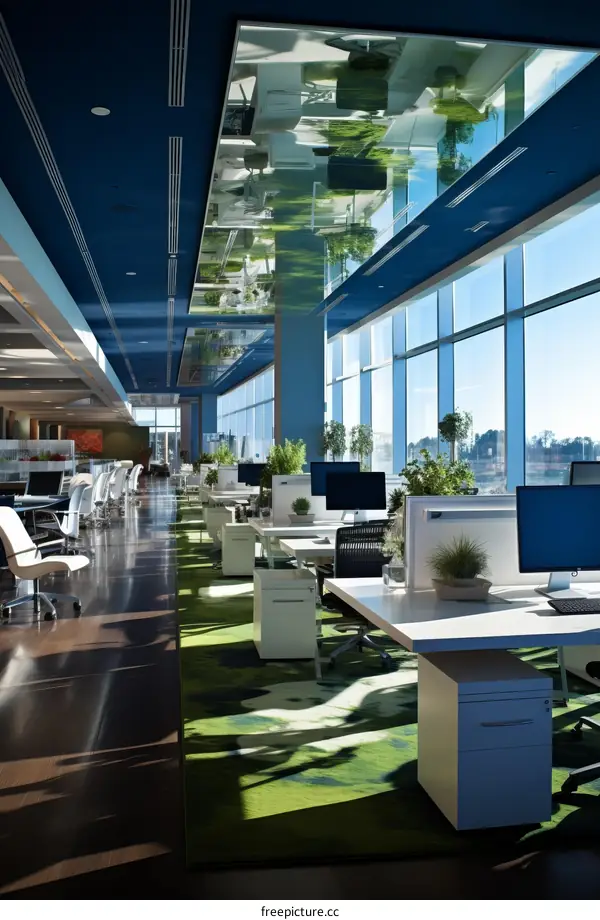 Modern office interior with large windows and green plants