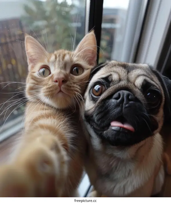 A ginger cat and a pug are taking a selfie together