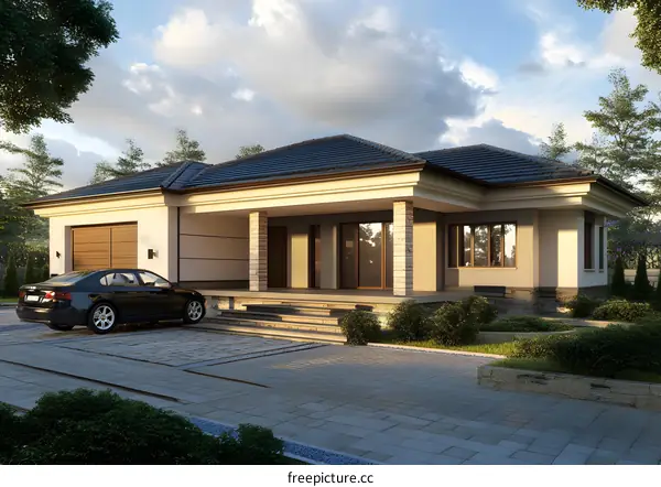 Modern House with Black Car in Driveway