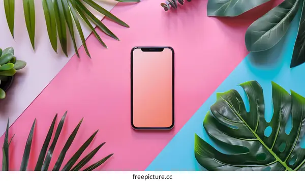 Flat Lay Smartphone Mockup with Tropical Leaves and Colored Backgrounds