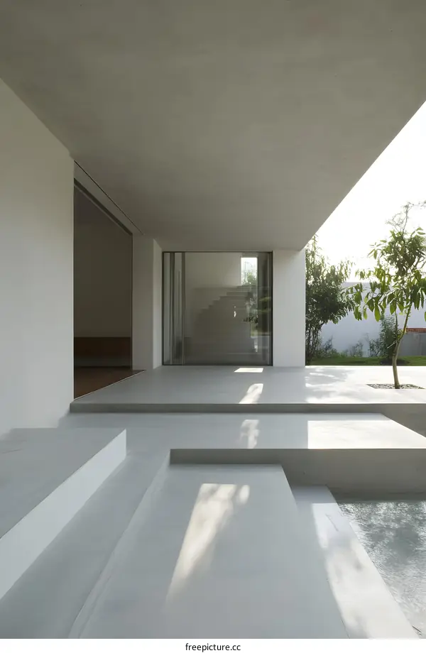 Modern Minimalist Home Interior Design with Concrete Stairs and Pool
