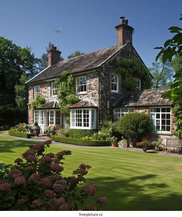 Stone Cottage with Flower Garden in the English Countryside