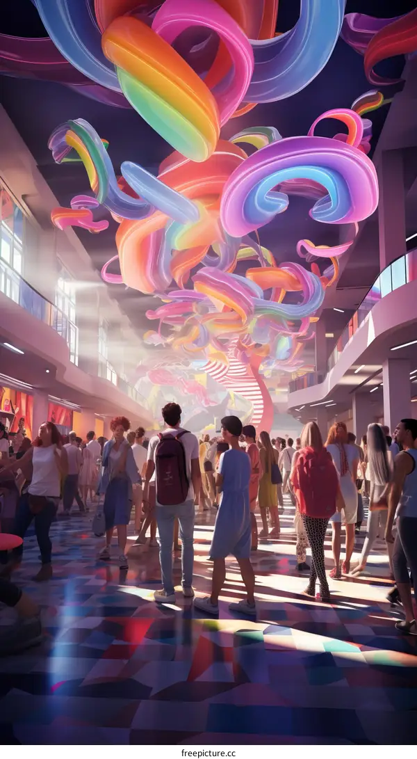 People walking in a shopping mall with colorful balloons