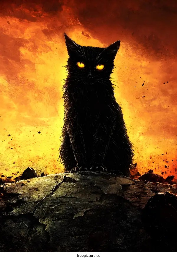 Black Cat on Rock with Fire Background