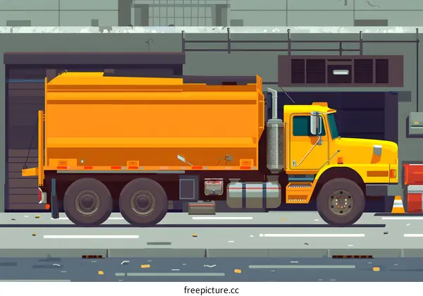 Yellow Garbage Truck In Front Of Building