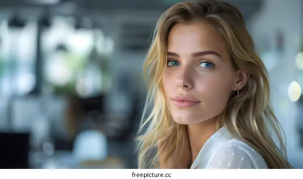 Portrait of a beautiful young woman with blonde hair and blue eyes