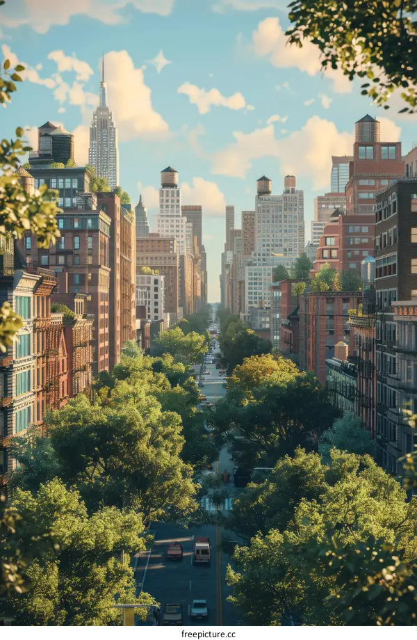 New York City Street Scene with Lush Green Trees
