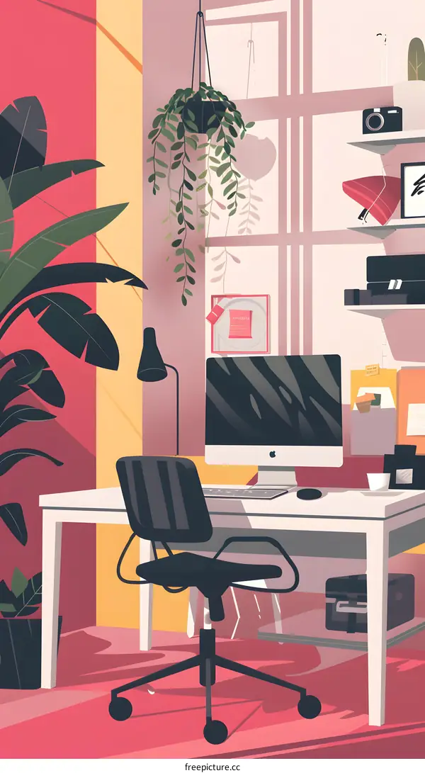 Modern Office Workspace with Pink Walls and Plants