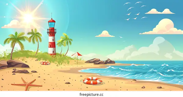 Summer Beach Landscape With Lighthouse and Palm Trees