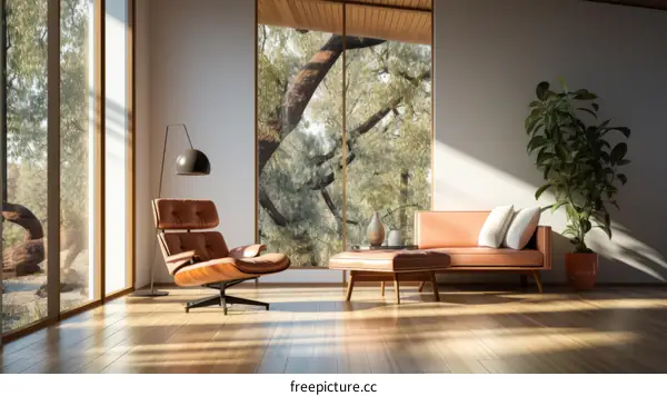 Modern living room interior with large windows and a comfortable sofa