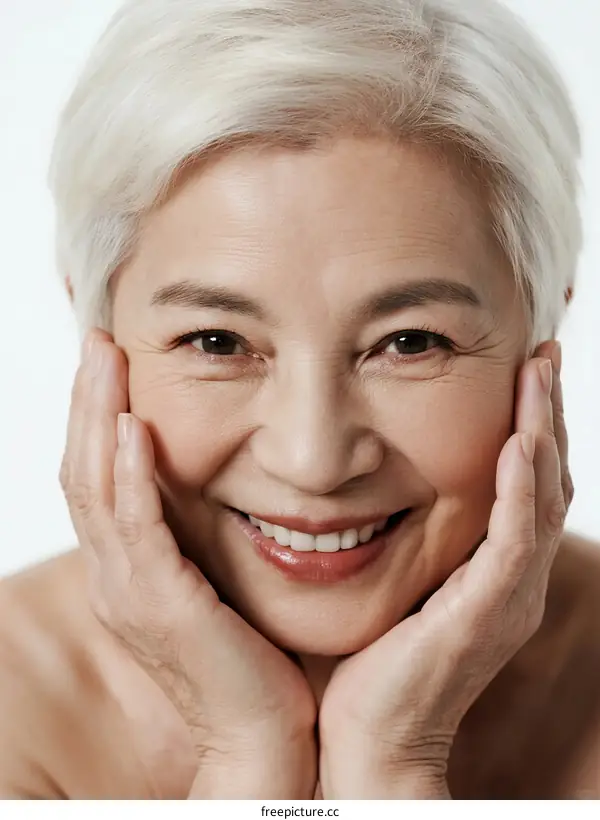 Elderly woman with short white hair smiling and touching her face