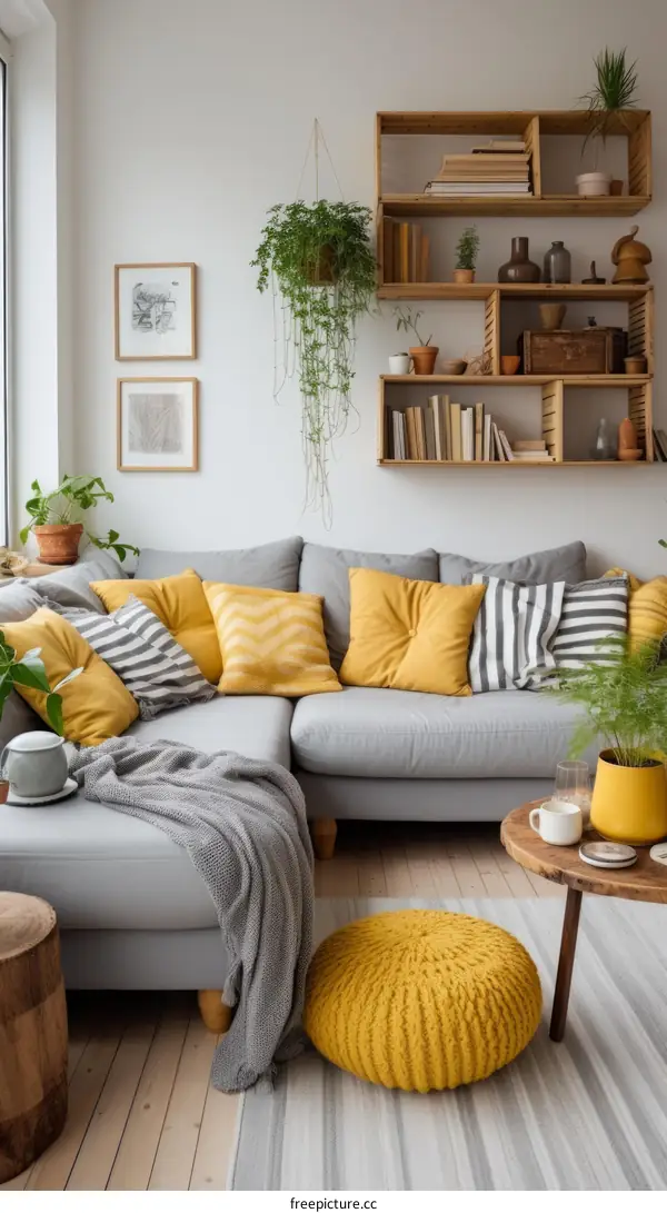 A cozy living room with a gray couch, yellow pillows, and wooden shelves