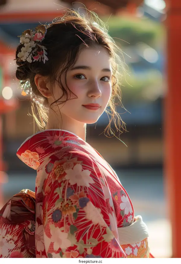 Portrait of a beautiful young woman in a red kimono