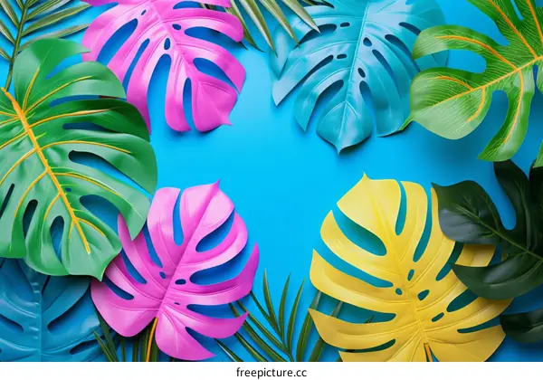 Colorful tropical leaves on blue background