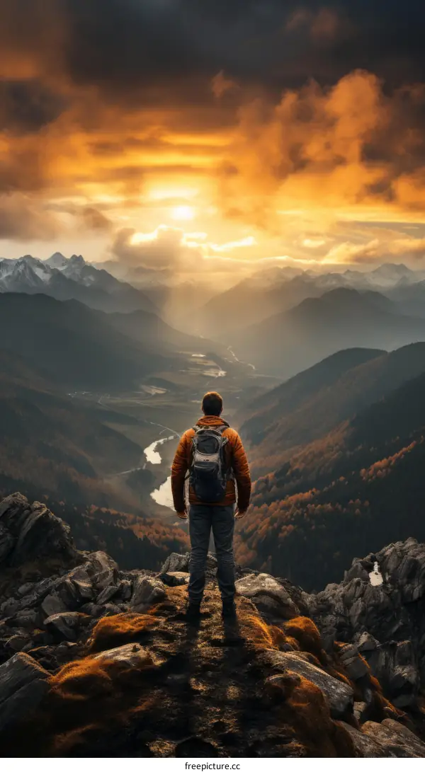 Man standing on a mountaintop overlooking a valley
