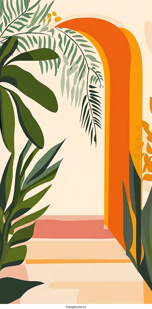 Abstract Tropical Leaves and Arch Illustration