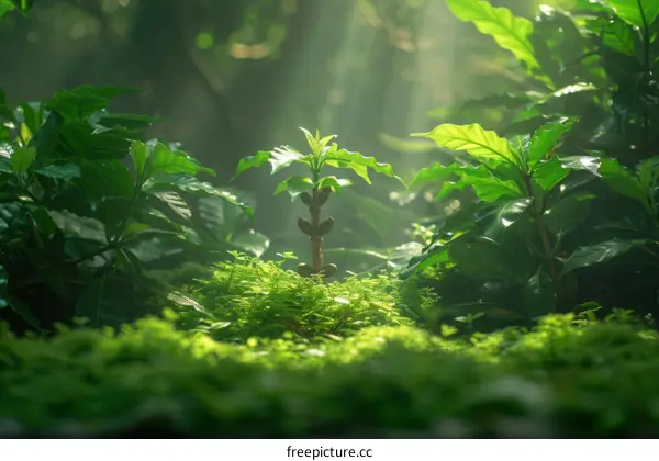 A coffee plant growing in a lush green forest