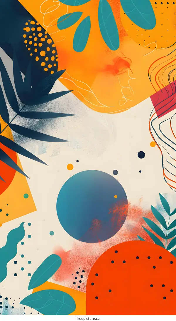 Abstract Background with Colorful Shapes and Tropical Leaves