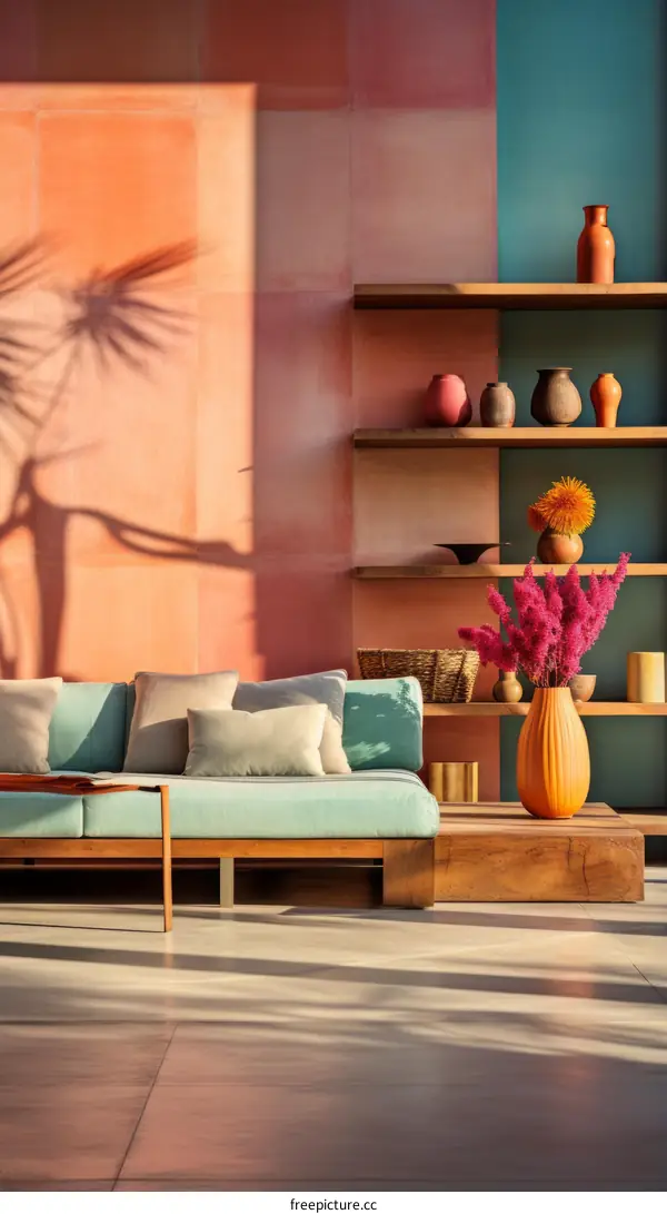 Stylish Living Room with Blue Sofa and Pink Walls