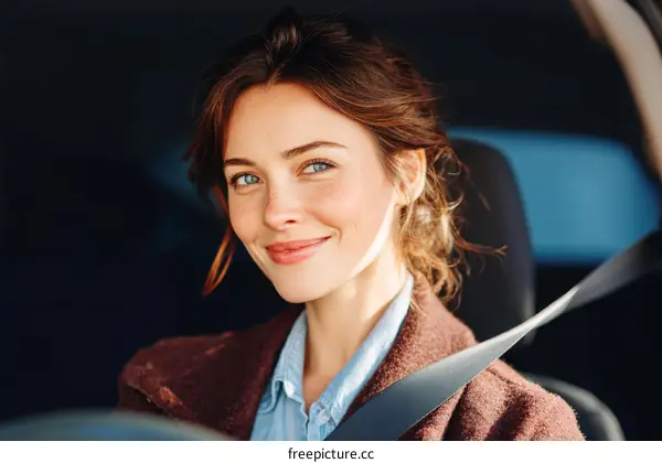 Smiling woman sitting in car with seatbelt on