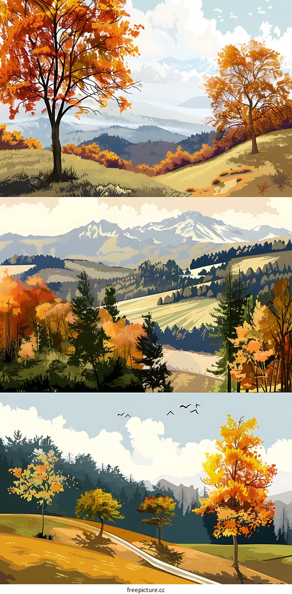 Autumn Landscape with Golden Trees and Mountains