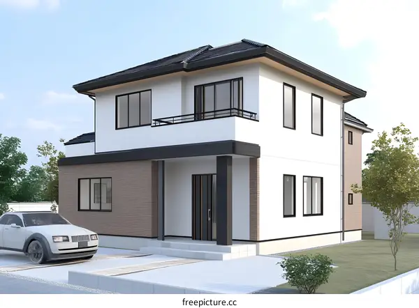 Modern Two Story House with Balcony and Car in Front