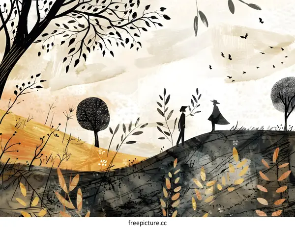 Silhouettes of Two People Walking in a Landscape With Trees and Birds