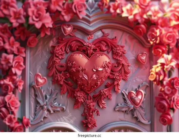 Ornate Red Heart Decorated with Roses