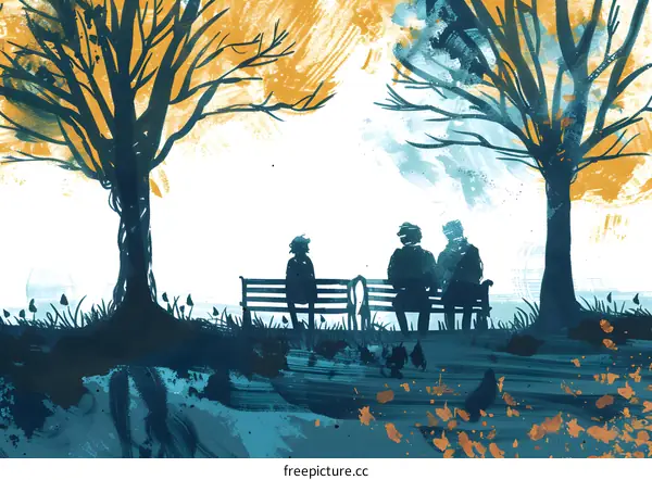 Three People Sitting on a Bench Under Trees