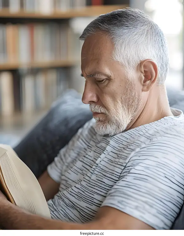 Senior Man Reading a Book on the Couch at Home