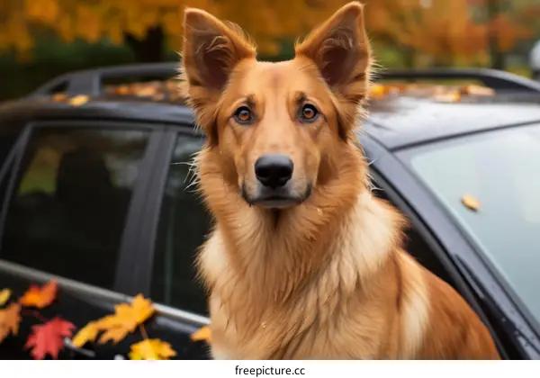 Golden Retriever Dog Sitting in Front of Black Car with Autumn Leaves