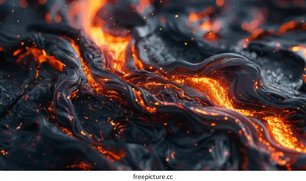 Molten Lava Flowing Across Volcanic Landscape