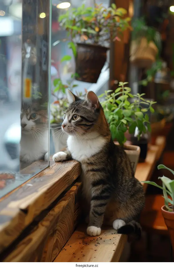 A tabby cat is sitting on a wooden shelf in front of a window.