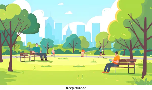 People Relaxing in a Park with City Skyline