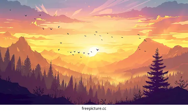 Sunset Over The Mountains With A Flock Of Birds